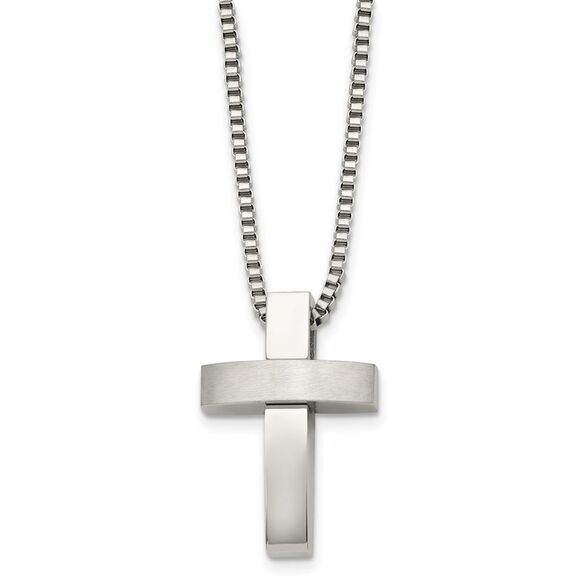 Stainless Steel Brushed and Polished Cross Necklace - 22 Inch